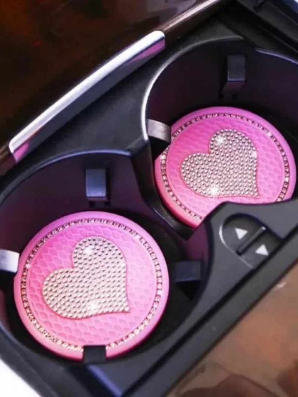 NEW Pink Bling Heart 2 pack Car Cup Holder Coasters Universal Non-Slip Beverage